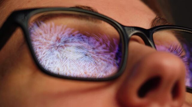 AI code on eyeglass glass, reflection on woman developer eyeglasses, working in dark office, tired busy people, depression on work, haker or it engineer with laptop, stocks markets. 