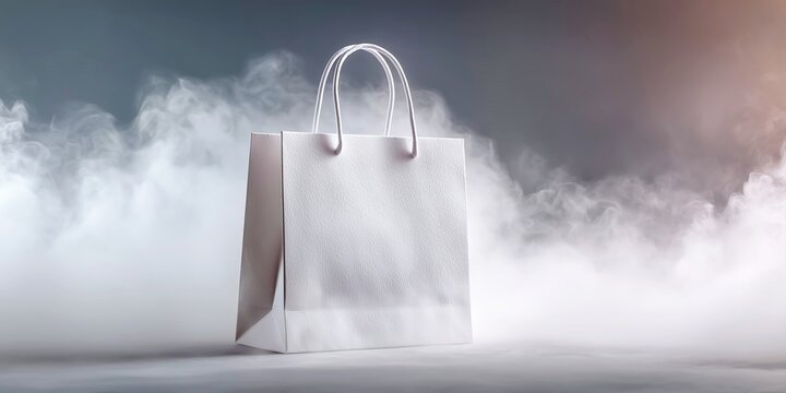 White textured shopping bag surrounded by mysterious white fog and smoke.

