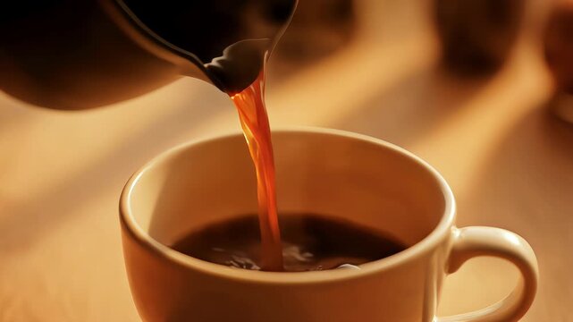 Coffee Being Poured into Ceramic Mug, Close-Up, Steam Rising
