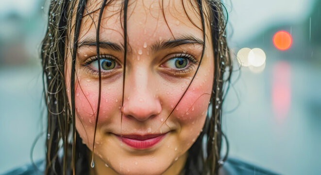 close up portrait of a young woman with wet hair and water droplets on her face smiling in the rain