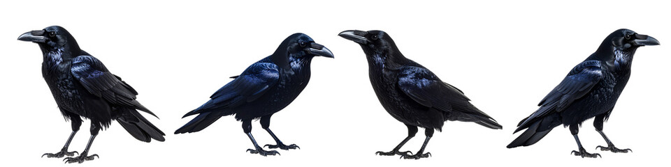Fototapeta premium Four black crows standing in a row looking around isolated on transparent background