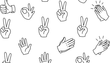 Fototapeta premium Seamless pattern of diverse hand gestures representing communication agreement success and peace in a minimalist line art doodle style vector illustration