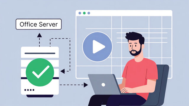 Business Server Room With Man Using Laptop, Showing Online Video Playback