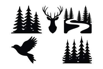 Obraz premium Forest Wildlife Icons: Deer, Bird, Trees, Path, Landscape