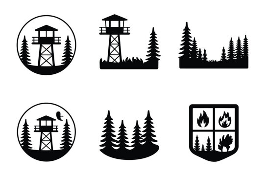 Forestry icons - Fire watch tower, Trees, Fire