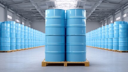 Rows of blue industrial chemical barrels stacked on pallets in a warehouse with clean geometric lines and cool color grading under soft light