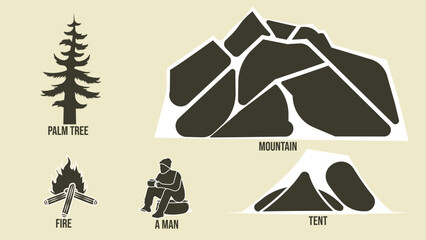 clothes icons set, mountain icon, fire icon, tent icon, a man icon, palm tree © Jubayed
