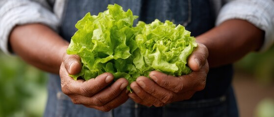 Hands holding fresh lettuce in garden during daylight, showing care for plants and the process of gardening