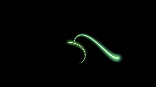Glowing green neon light trail on black background from overhead viewpoint