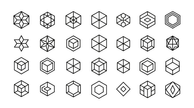 collection of nine geometric icons in a 3x3 grid for ranking abstract structures, featuring black and white hexagonal and cubic form designs.