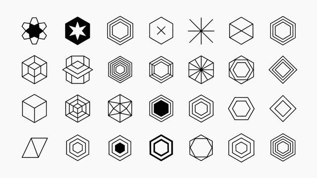 collection of nine geometric icons in a 3x3 grid for ranking abstract structures, featuring black and white hexagonal and cubic form designs.