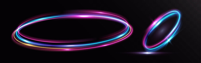 Set of glowing multicolored light rings in circular motion on dark background, symbolizing energy flow, speed, rotation, orbit and futuristic digital technology. © NAUM
