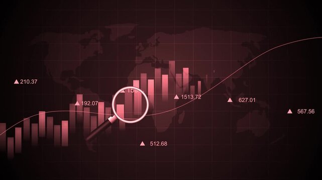 Monochrome global financial chart with magnifying glass animation, Financial chart with bar graphs, line trend magnifying glass overlay