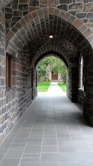 Fototapeta premium Long dark stone corridor with arched windows leading to an open courtyard at Yale University, showing gothic architecture and grassy fields