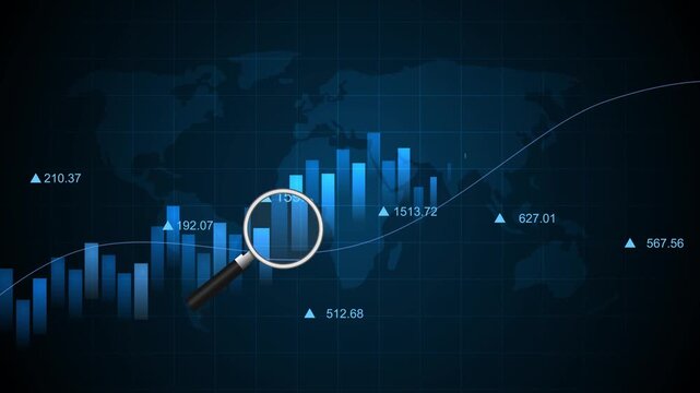 Monochrome global financial chart with magnifying glass animation, Financial chart with bar graphs, line trend magnifying glass overlay