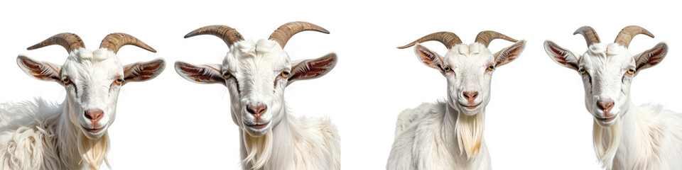 Fototapeta premium Four white goats with brown horns looking forward isolated on transparent background