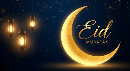 Fototapeta premium Eid mubarak celebration with crescent moon and lanterns