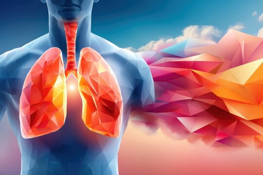 Abstract polygonal lungs glow in blue figure against a vibrant geometric landscape for health and science imagery