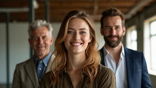 Portrait of attractive cheerful people specialists rejoicing celebrating great career at loft industrial interior indoors fashion editorial shot, high-fashion imagery, avant-garde aes.