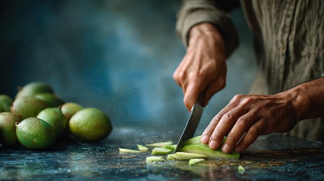 slicing raw green mango on dark stone surface close up