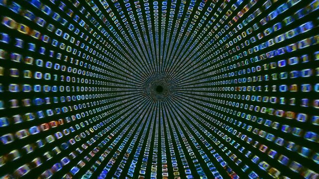 Binary codes digital data tunnel. Cyber futuristic speed tunnel. Sci-fi blue wormhole. Matrix technology decoder. Abstract 3D wireframe portal with connections lines and dots. Data flow. Technology fu