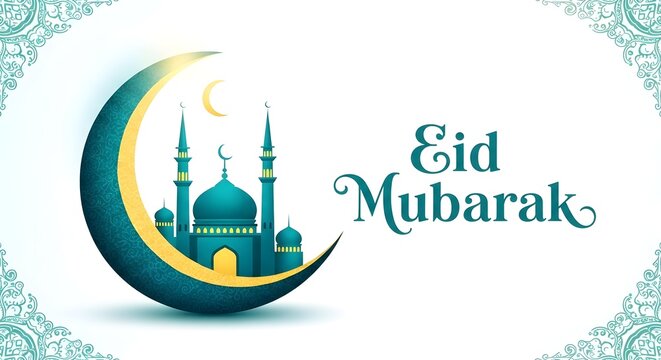 Eid mubarak greeting with mosque and crescent moon