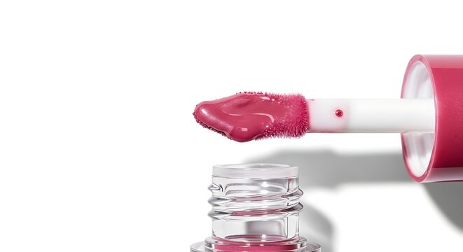 Vibrant pink lip gloss applicator with sparkles on white background