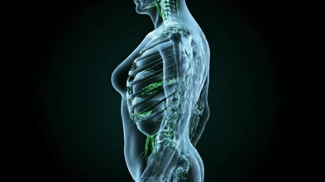 Anatomically accurate 3D visualization of the human lymphatic system and skeleton within a translucent female body. Glowing green lymph nodes and vessels on a black background.