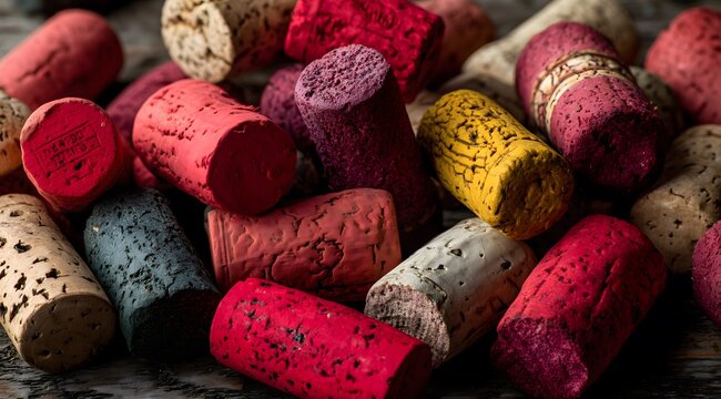 Colorful used wine corks creating abstract background texture