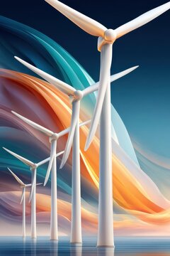 Abstract wind turbines with glowing light waves over a deep blue sea landscape