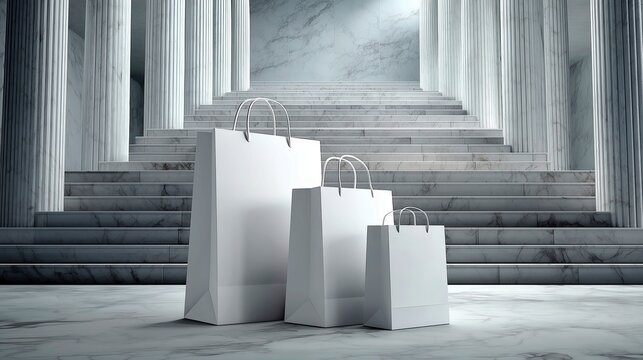Minimalist white shopping bags standing on elegant marble stairs near classic columns for luxury retail.

