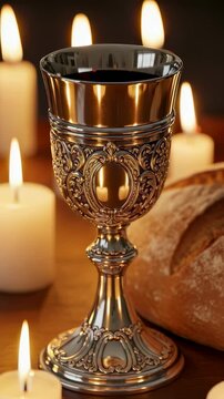 Intricately designed chalice filled with wine, accompanied by rustic bread and flickering candles, symbolizing christian holy communion ritual during Easter. Vertical video