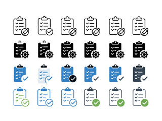collection of multiple clipboard icons in diverse styles for ranking task completion, featuring various checklist and document symbols for progress levels.