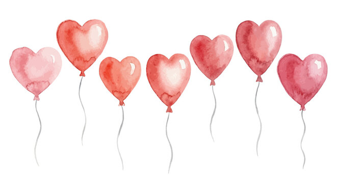 A charming watercolor collection of heart-shaped balloons, featuring soft pink and red hues, glossy highlights, delicate strings, and romantic floating forms.