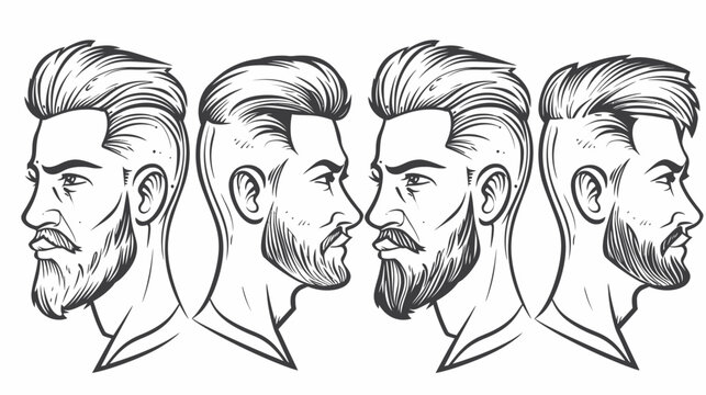 A monochrome illustration showcasing four male portraits in profile view, featuring various beard styles