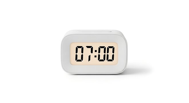 Modern digital alarm clock displaying 07:00 hours in a sleek white design on white background