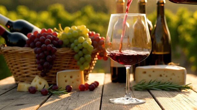 A glass of red wine being poured on a wooden table with grapes, cheese, and bread in a vineyard setting