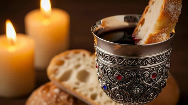 Close up of bread dipping into wine in a decorated chalice, symbolizing communion during Easter or a religious ceremony, with candles in soft focus.