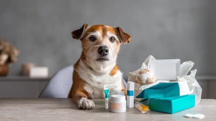 Dog with Skin Allergy Products on Table in Neutral Backdrop