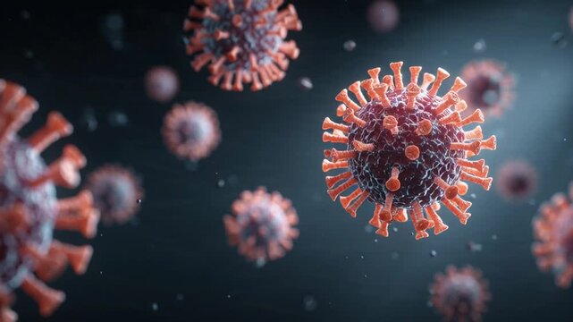 Microscopic View of Coronavirus Particles Floating in Dark Background