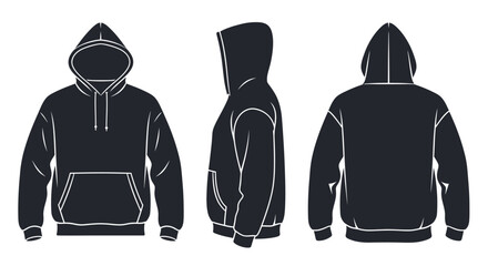 Dark Navy Blue Hooded Sweatshirt Flat Fashion Technical Drawing with Front, Side, and Back Views, isolated white background © Joyo