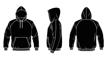 Black Hoodie Silhouette, Front, Side, and Back Views, Isolated White Background © Joyo