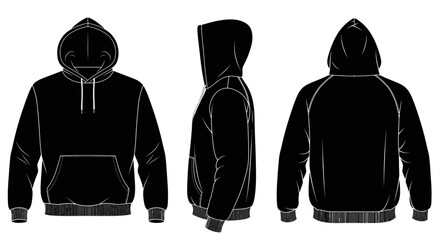 Black Hooded Sweatshirt with Front Pouch Flat Fashion Technical Drawing with Front, Side, and Back Views, isolated white background © Joyo