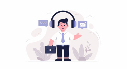 Smiling man in suit with headphones and briefcase, offers business insights