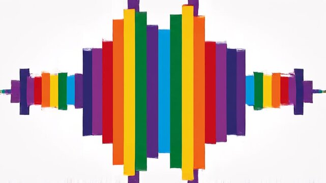 A colorful, symmetrical graphic featuring a central cluster of rainbow-colored rectangles