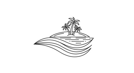 Tropical Island with Palm Trees and Ocean Waves Line Art Doodle Illustration, Summer Beach Travel Concept, Isolated White Background. © Joyo