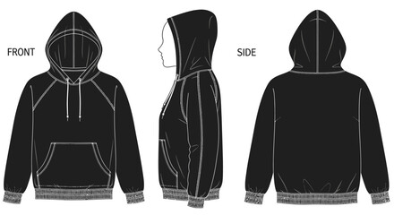 Black Hoodie Technical Fashion Sketch with Ribbed Cuffs and Waistband, Front, Side, and Back Views, isolated white background. © Joyo