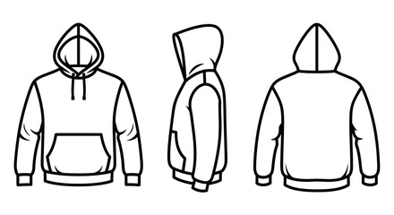 Outline Technical Drawing of a Hoodie with Front, Side, and Back Views, isolated white background.