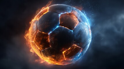 Fototapeta premium Glowing Vibrant Soccer Ball with Fiery Orange and Electric Blue Effects