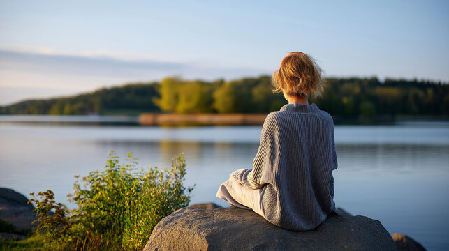 Faceless person sitting on a rock relaxing at a calm lake, peaceful nature concept, mindful outdoor moment, solitude by the water, nature therapy lifestyle, defocused calm lake